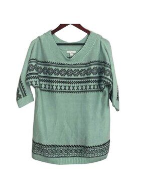 New York & Company Mint Green Sweater With Black Geometric Print V-Neck 3/4 Slee